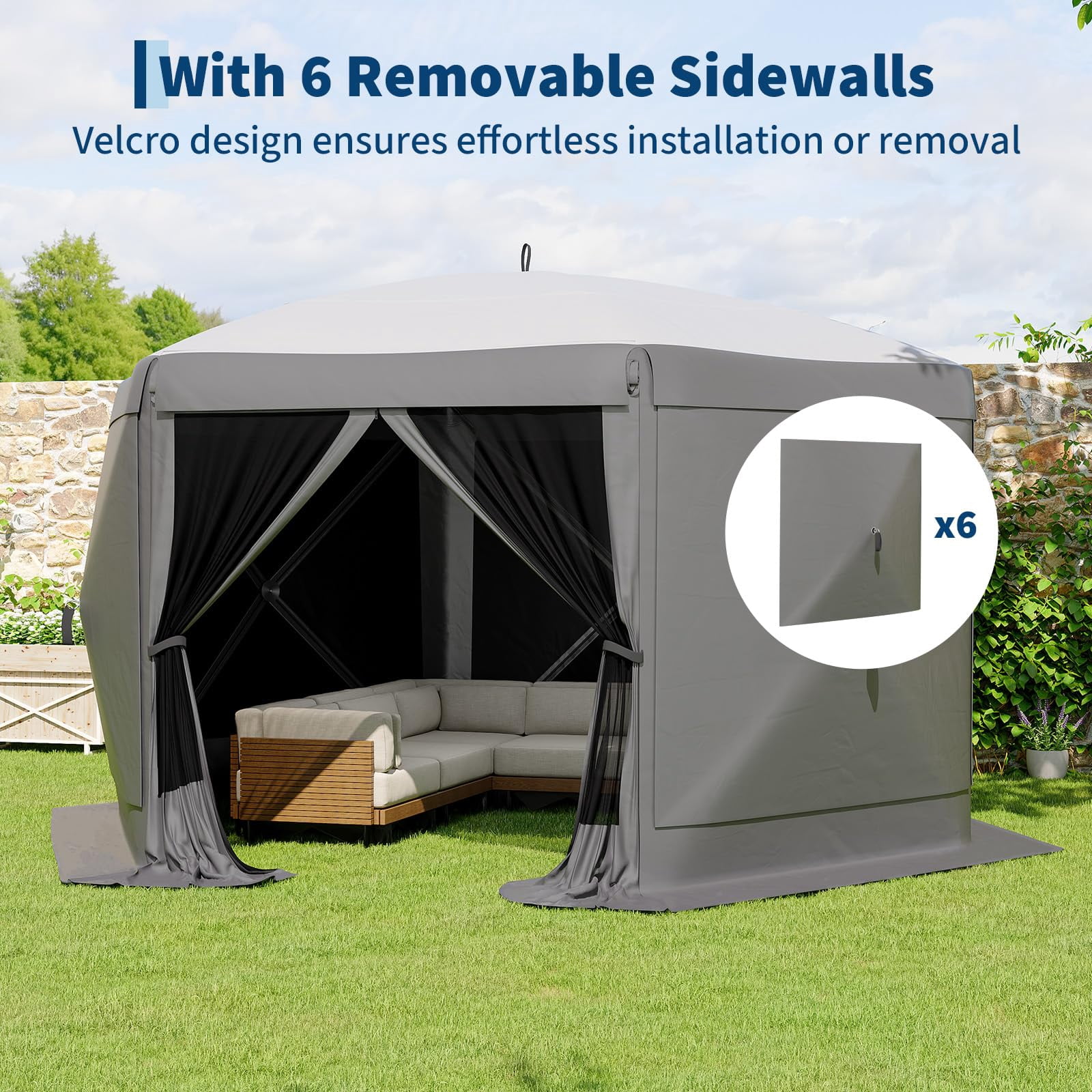 13x13FT 6-Sided Pop Up Canopy Tent，One-Push Setup Canopy Tent with Removable Canopy Top & Wind Cloths, Outdoor shelter for Camping, Backyard Parties, Outdoor Events - Grey