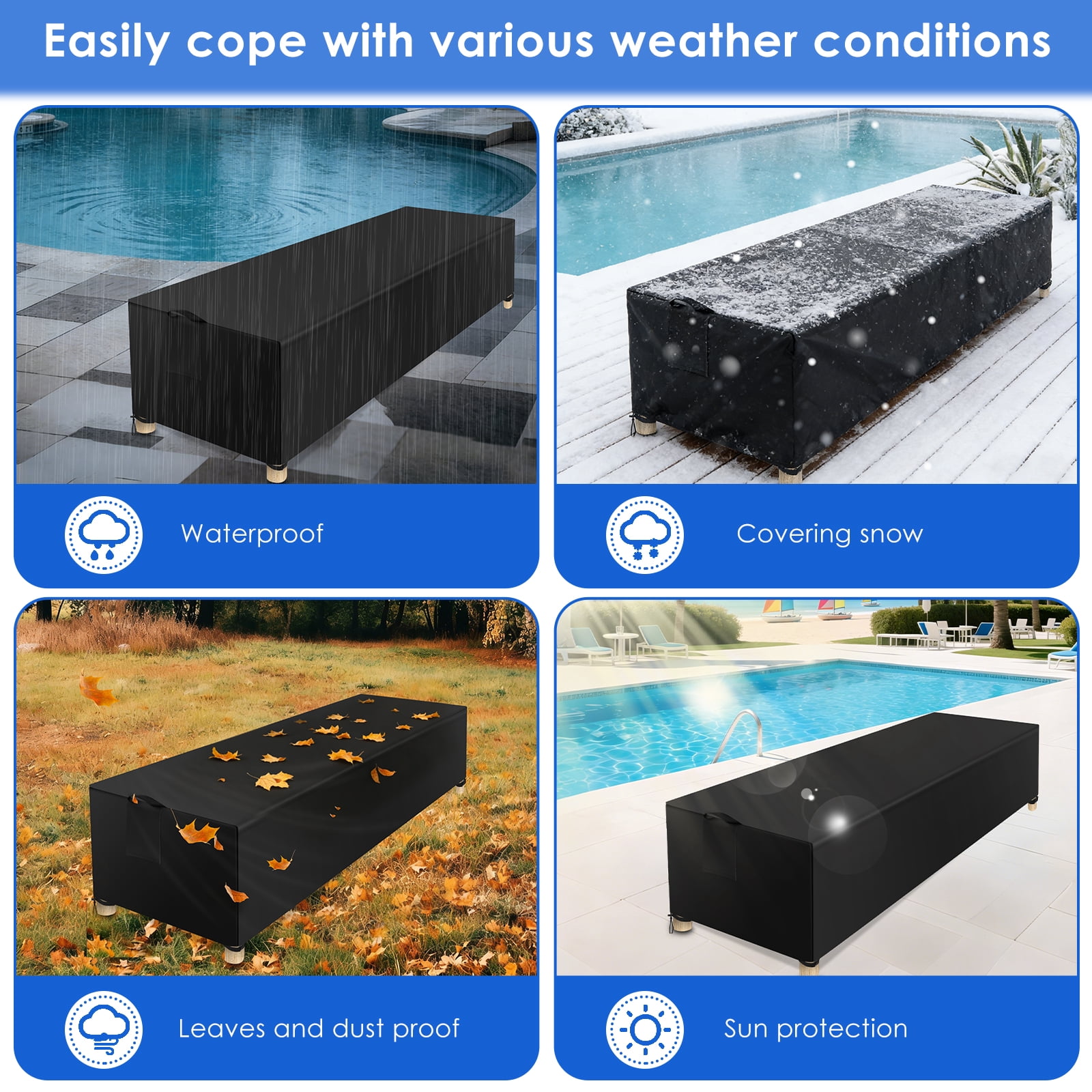 Waterproof Chaise Lounge Cover 600D Polyester Outdoor Patio Lounge Chair Protective Cover with Adjustable Drawstring for Outside Furniture