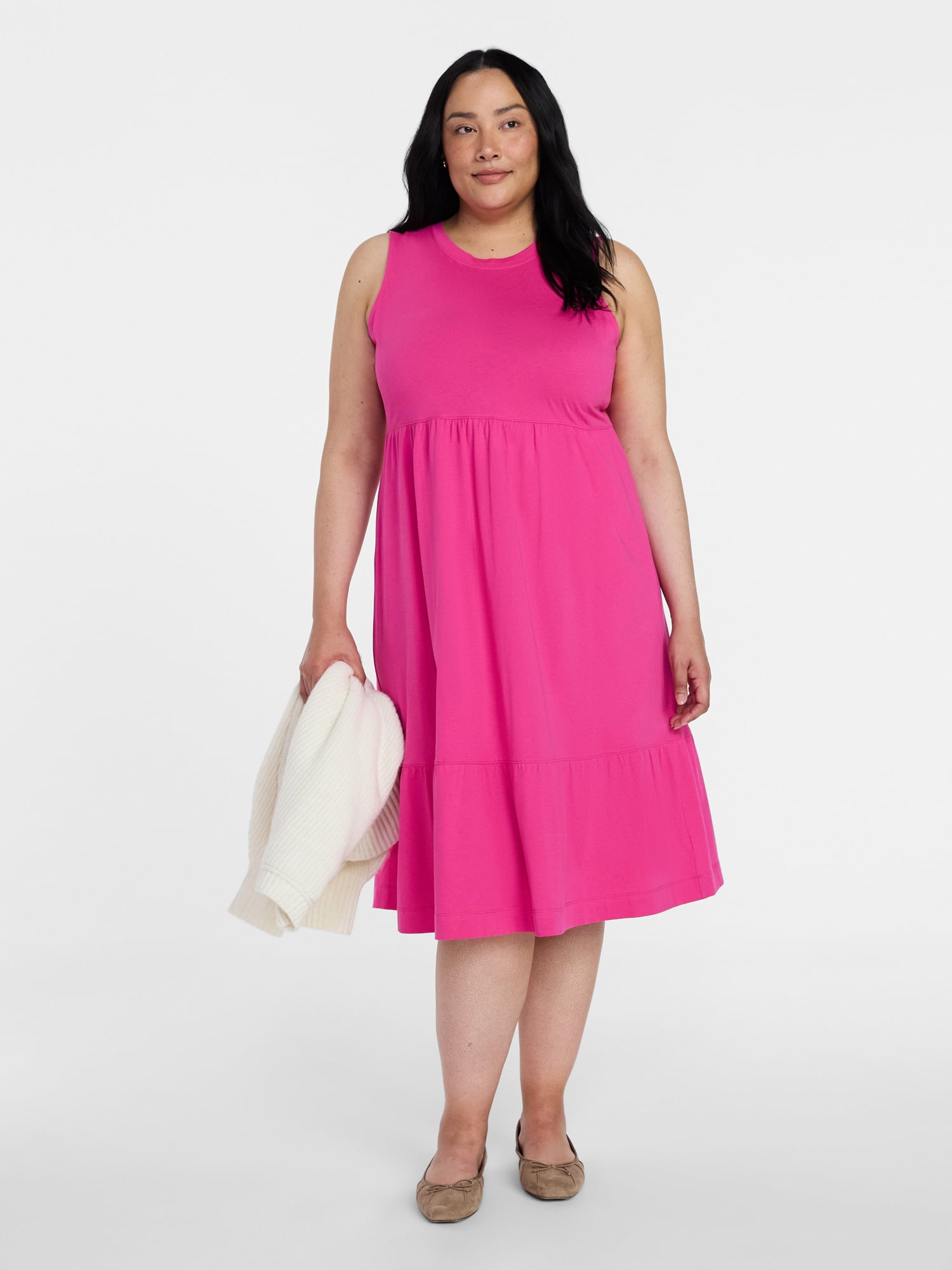 Time and Tru Women's Cotton Sleeveless Tiered Midi Dress, Sizes XS-XXXL