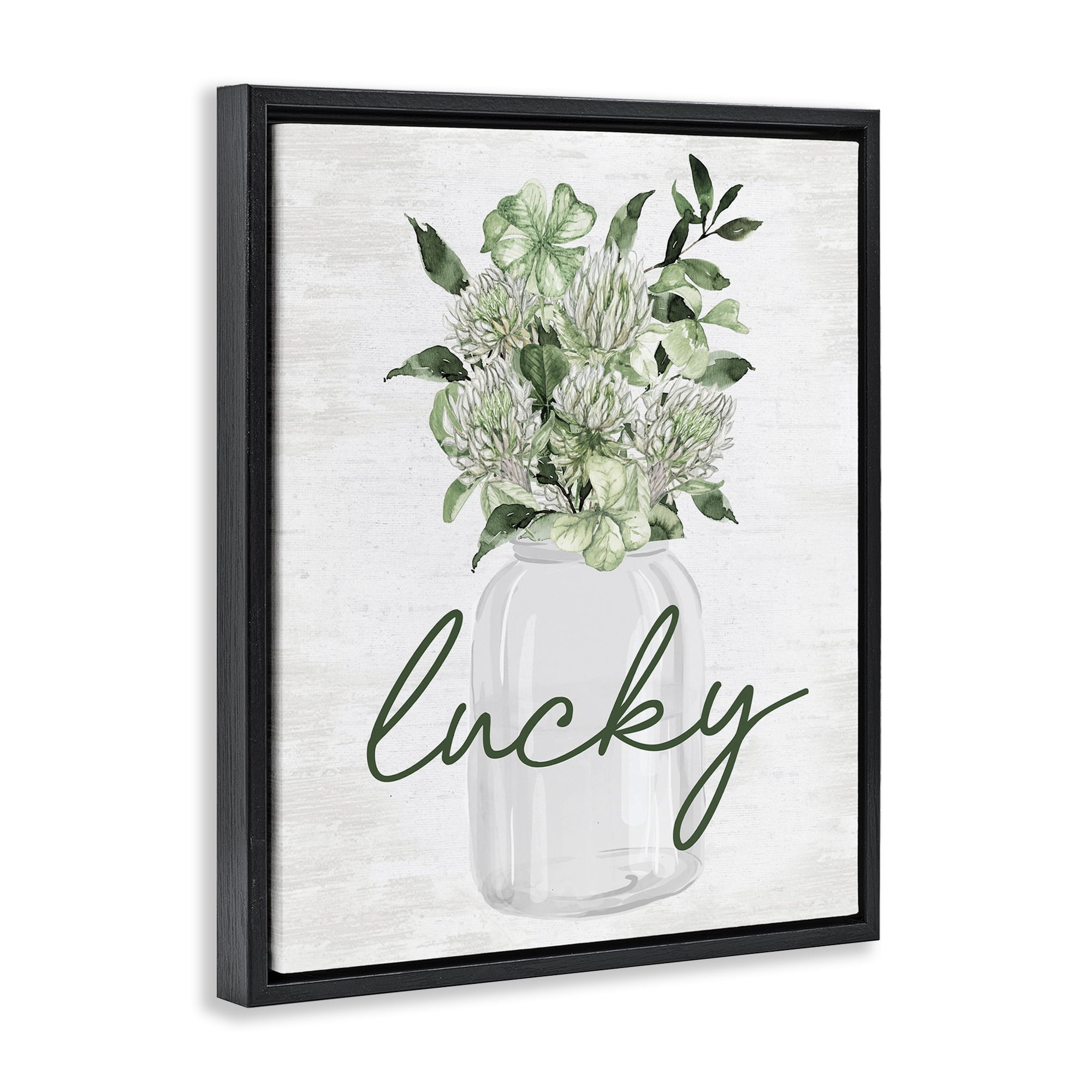 Stupell Industries Lucky Spring Shamrocks Botanical & Floral Painting Black Floater Framed Canvas Art Print Wall Art, 17 x 21