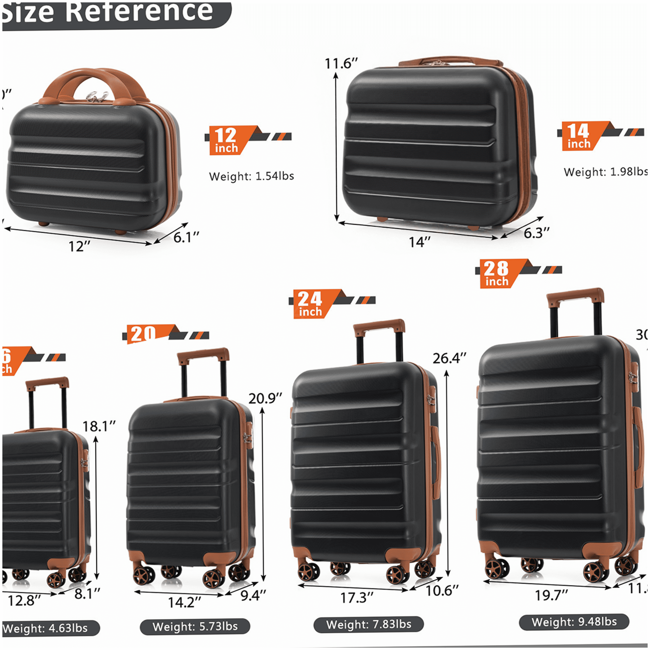 Durable 6-Piece Spinner Wheel Luggage Set, ABS Hardshell Suitcases in Carry On and Checked Sizes