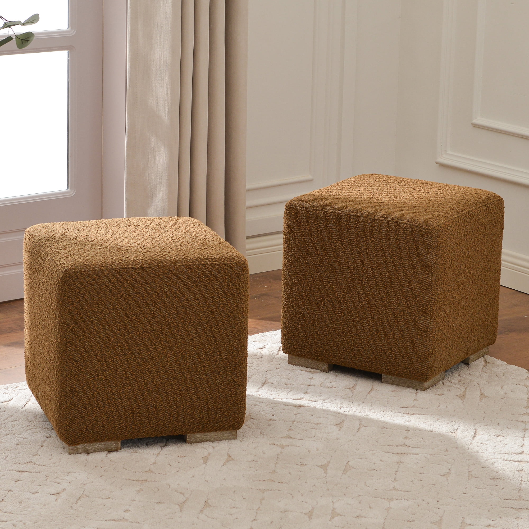 18.5" Wide Modern Square Boucle Upholstered Ottoman with Solid Wood Legs Set of 2, Multi-Functional Sofa Footrest, Side Table, Extra Seating for Living Room, Bedroom, Fully Assembled (Brown)