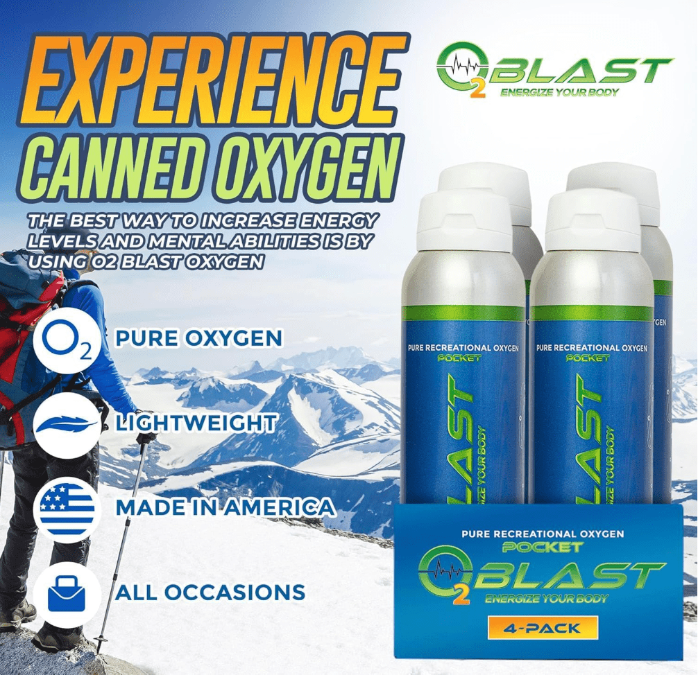 O2 Blast“ Pure Oxygen for Energy, Recovery & Performance - 4-Liter Can with Sanitary Flip Top Cap, Pack of 4