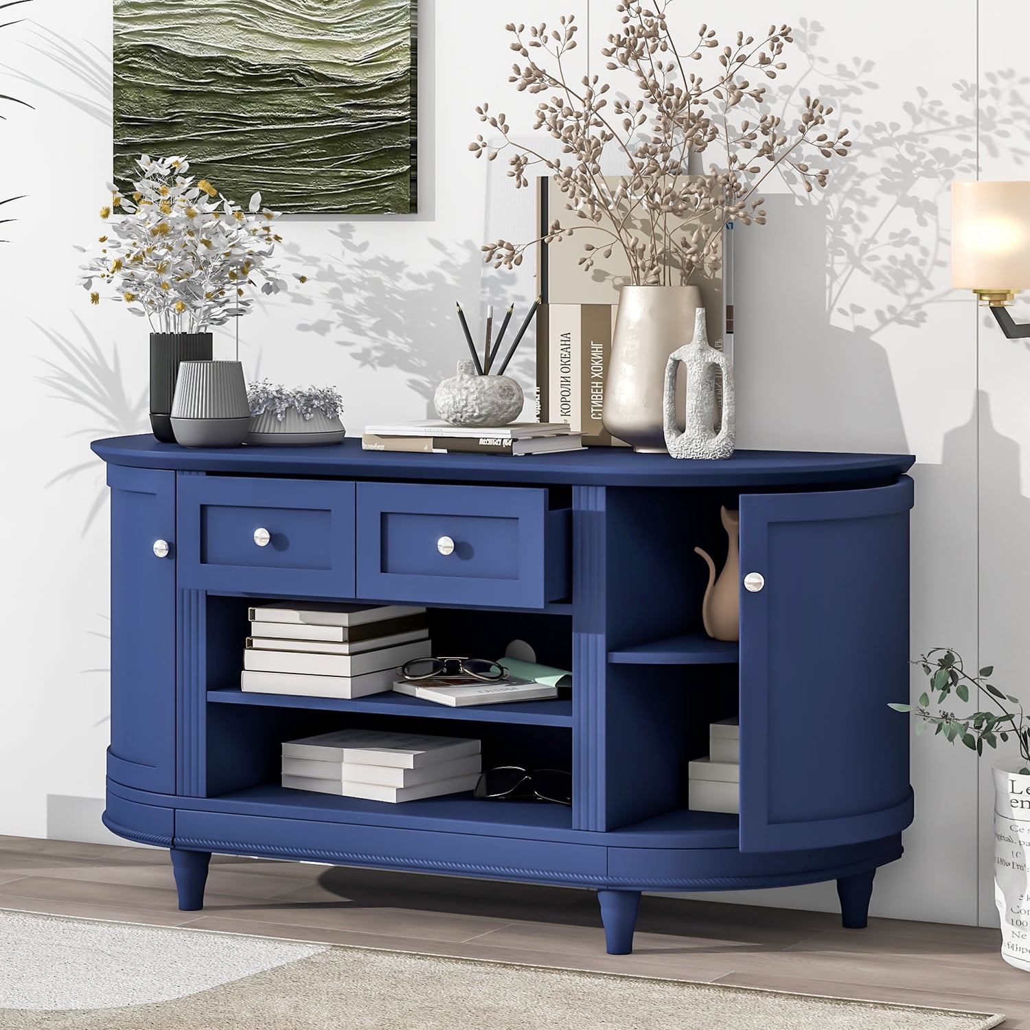 Kadyn TV Stand, Modern Entertainment Center with 2 Curved Doors, Adjustable Panels and Open Style Cabinet, MDF TV Cabinet for TV up to 46", Navy