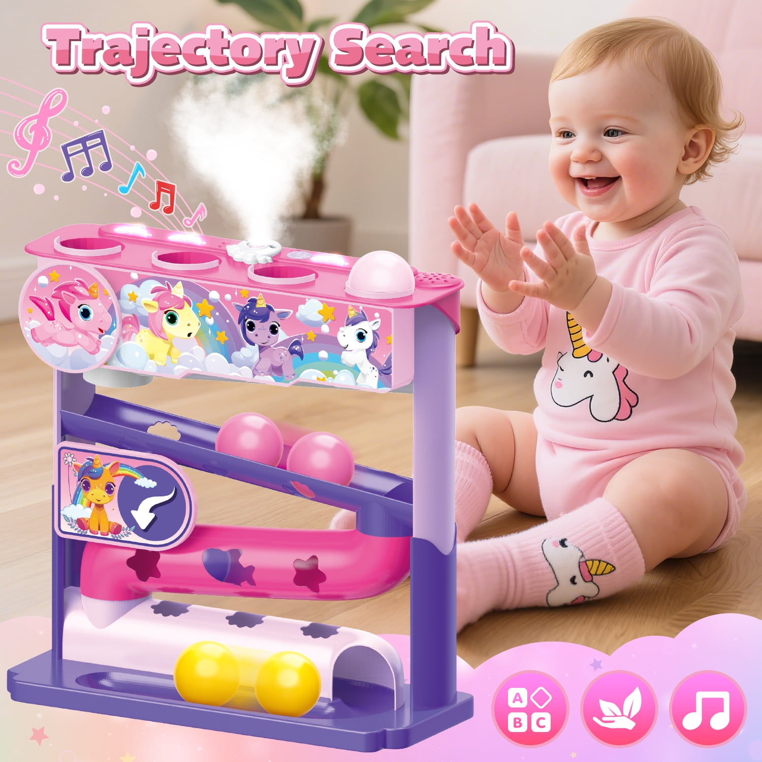 UQN Ball Drop Toys for 1 Year Old, Stacking Toys Drop Ball Tower for Toddlers 1-3, Baby Unicorn Toy with Light Music Spraying, Drop Ball Baby Toy, Birthday Gifts for Girl Boy Age 6-18 Months Old