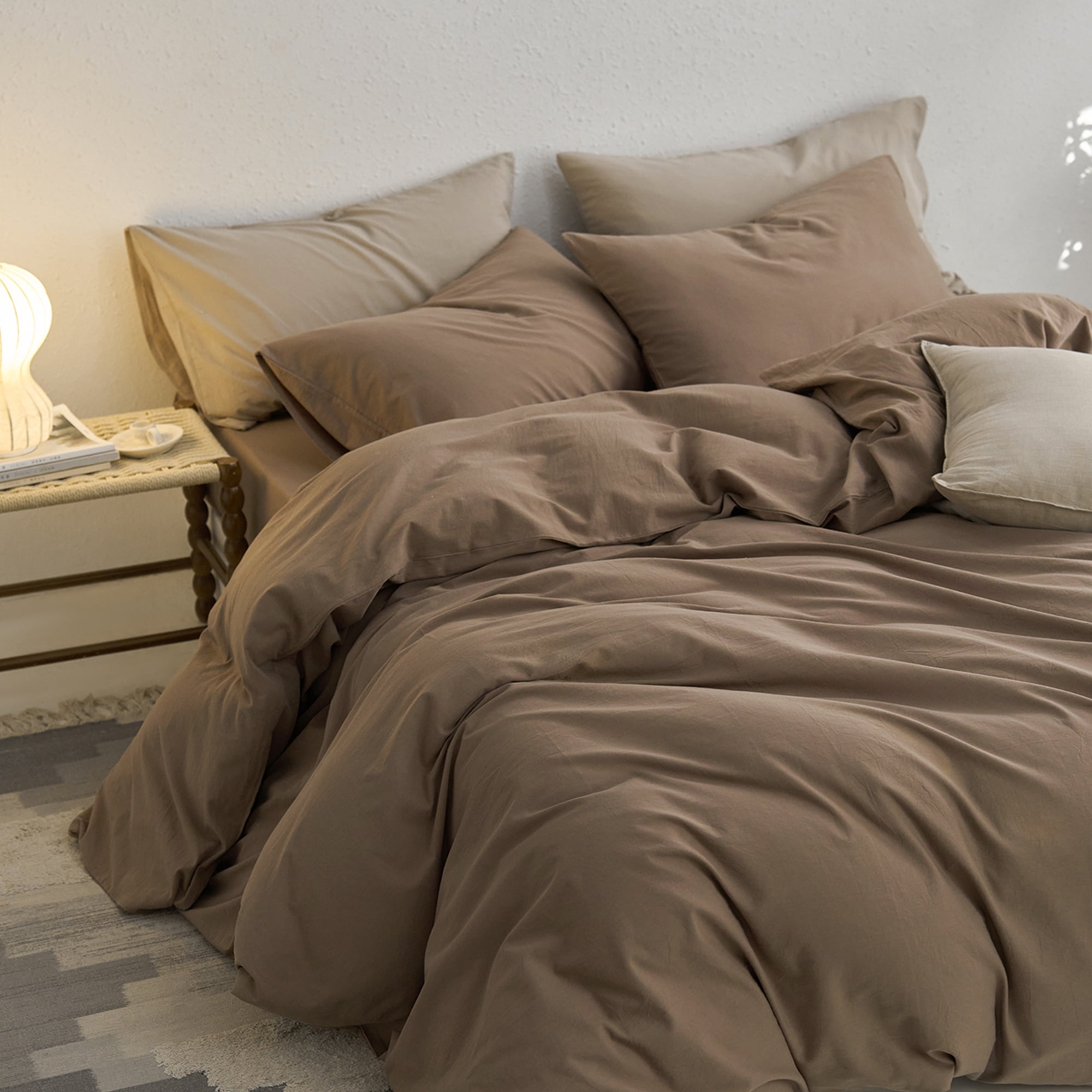 MooMee Duvet Cover Set Queen 100% Washed Cotton Twill Ultra-Soft Breathable Linen Like 3-Piece (Bombay Brown, 90"x90")