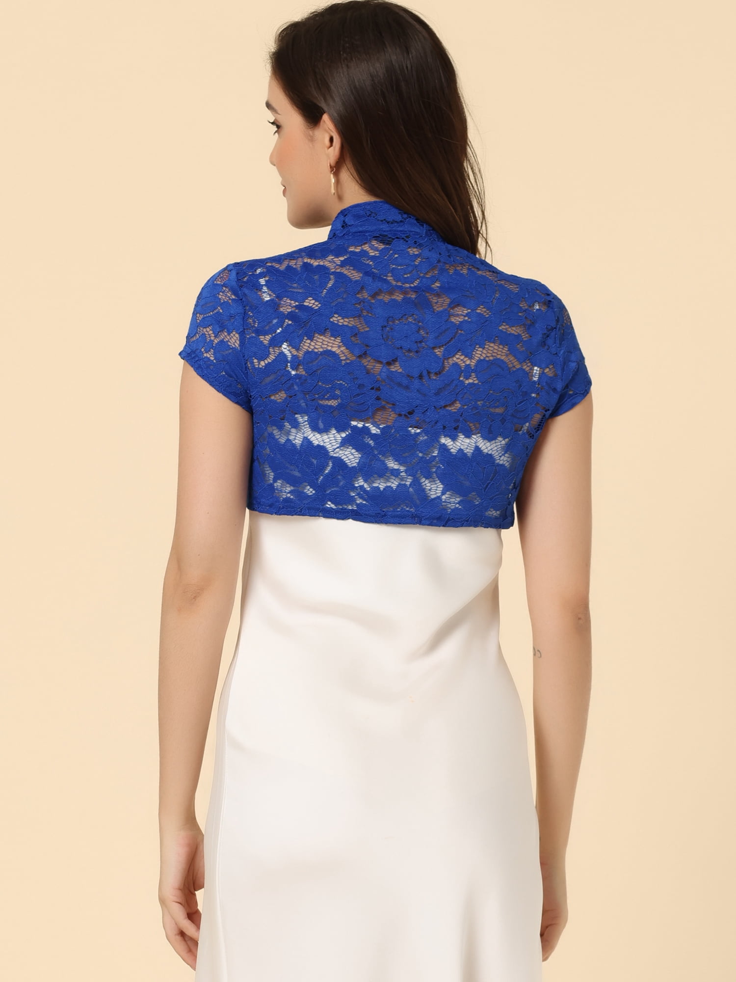 DARING DIVA Lace Cardigan Stand Collar Short Elegant Shrug XS Royal Blue