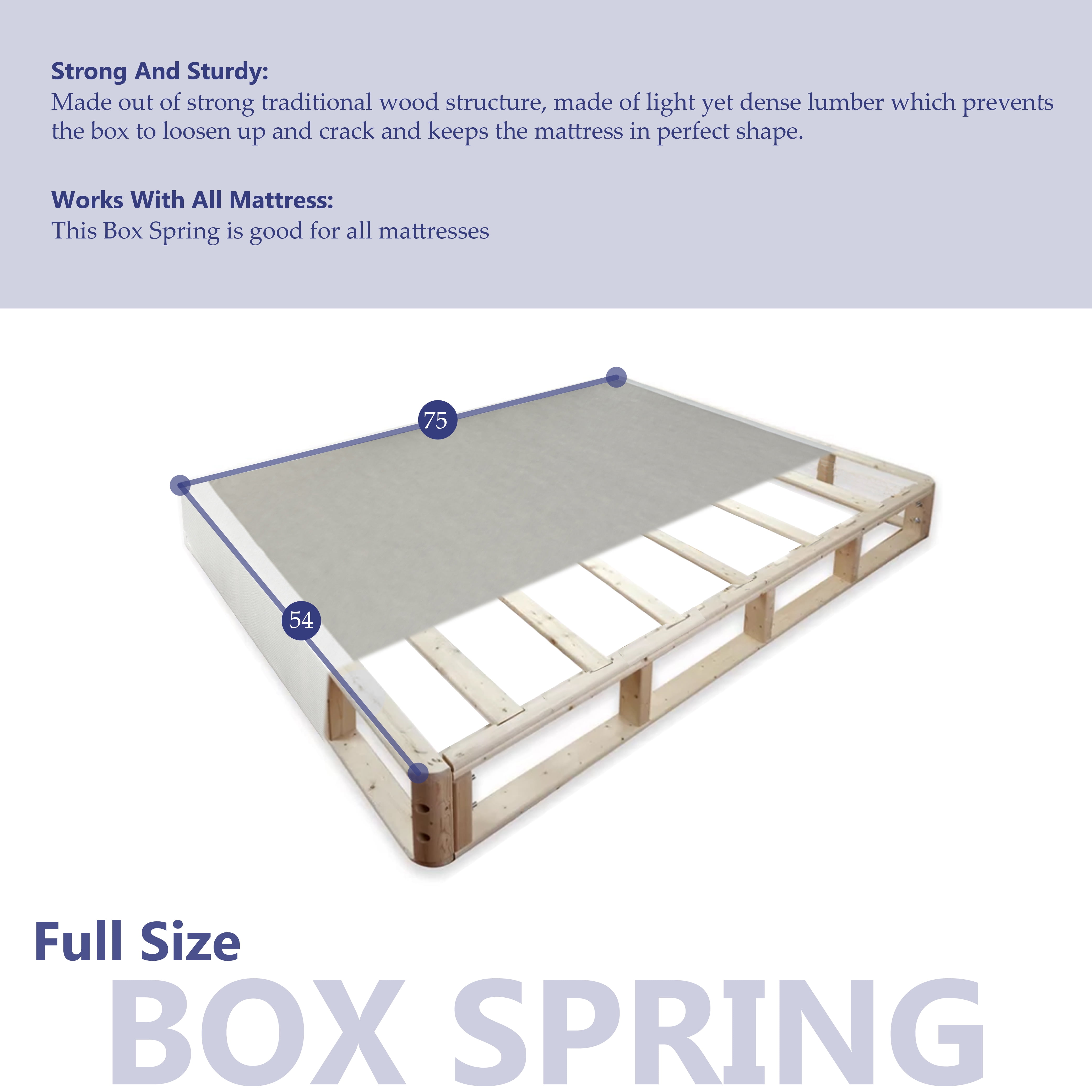 Wayton, 4" Split Sturdy Fully Assembled Wood Box Spring for Mattress, Full, White
