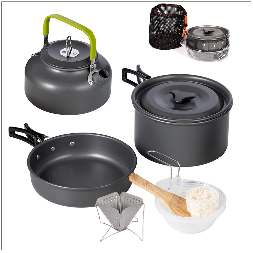 10PCS Aluminum Outdoor Camping Cookware Set, Folding Cookset Camping