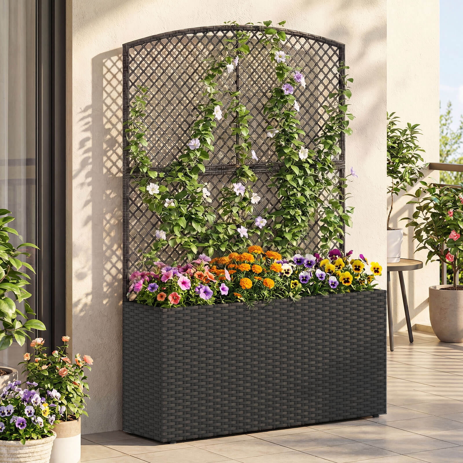 Costway 1 PCS 58” Raised Garden Bed with Trellis, Wicker Planter Box with Privacy Screen Black