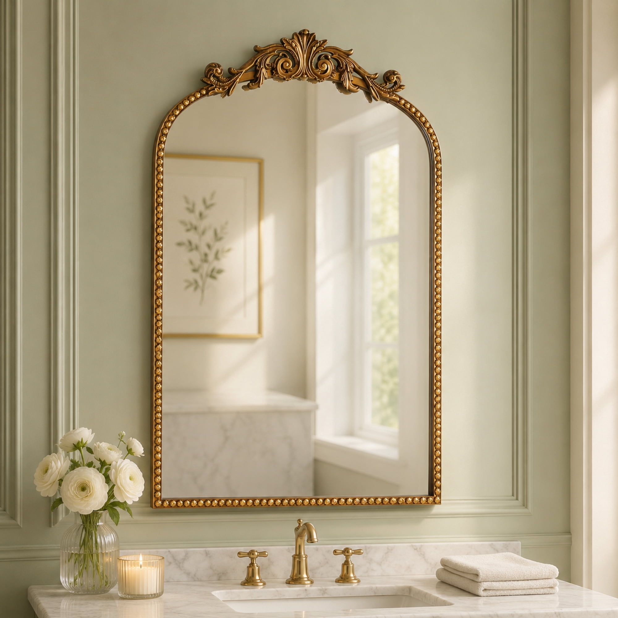 Crystal Art Gallery 30” x 20” Antique Gold Arch Wall Vanity Mirror, Ornate Vintage Baroque Mirror with Decorative Scroll Crest, Beaded Frame & Keyhole Hanging for Bedroom Entryway
