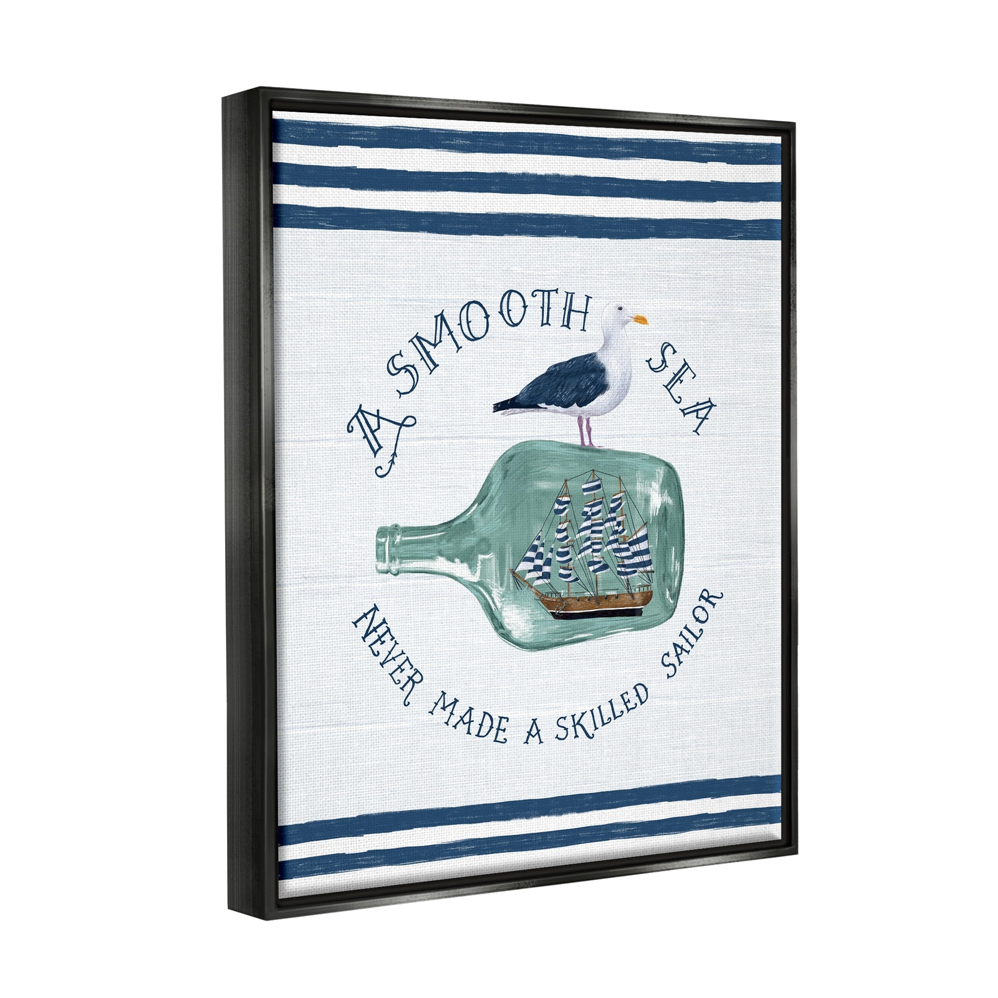 Stupell Industries Ship In Bottle Seagull Striped Nautical Phrase Graphic Art Jet Black Floating Framed Canvas Print Wall Art, Design by Raquel Maciel
