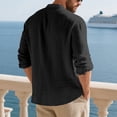thumbnail image 5 of Men's Linen Shirt Button Down Long Sleeve Cotton Band Collar Casual Beach Shirts Stylish Solid Color Loose Blouses (L, Black), 5 of 6