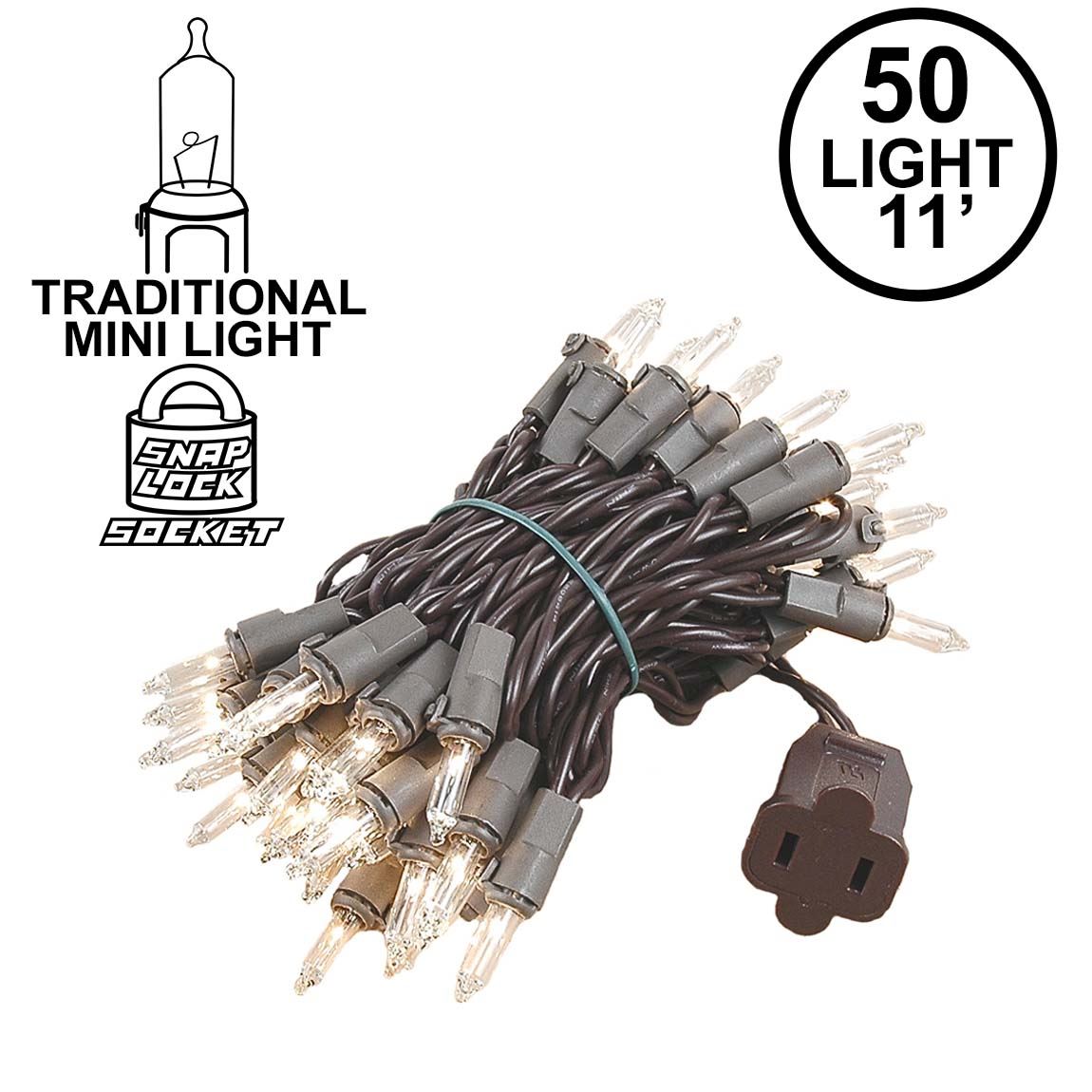 Novelty Lights 50 Light Clear Christmas Mini Light Set, Brown Wire, 11