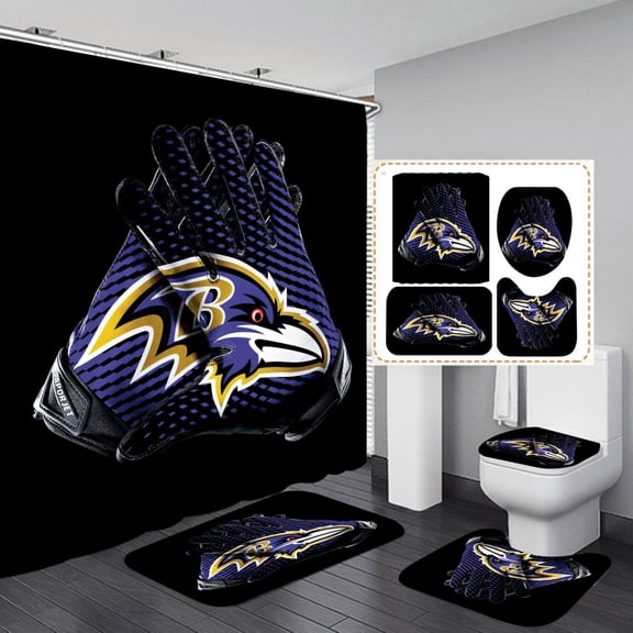 Ravens Shower Curtain Bathroom 4 Pieces Set Toilet Lid Cover and Bath Mat, Non-Slip Rugs Durable and Waterproof, for Bathroom Decor Set, 72" x 72"