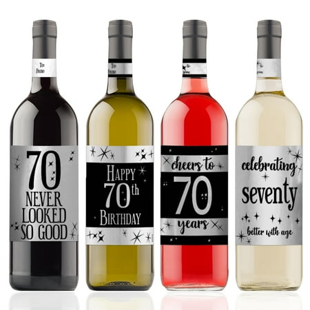 Wine Bottle Tags Silver Foil 70th Birthday Wine Labels 4ct - Black and Silver Birthday Party Supplies - 4 Wine Bottle Stickers with Gift Tags ()