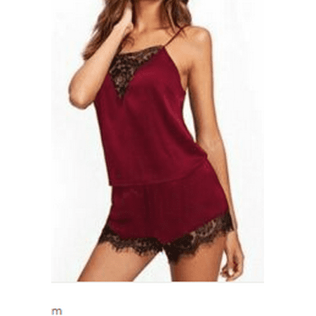 

Women Satin Lace Patchwork Ladies Top High Waist Shorts Sleepwear Babydoll Lingerie Nightdress Pajamas Set