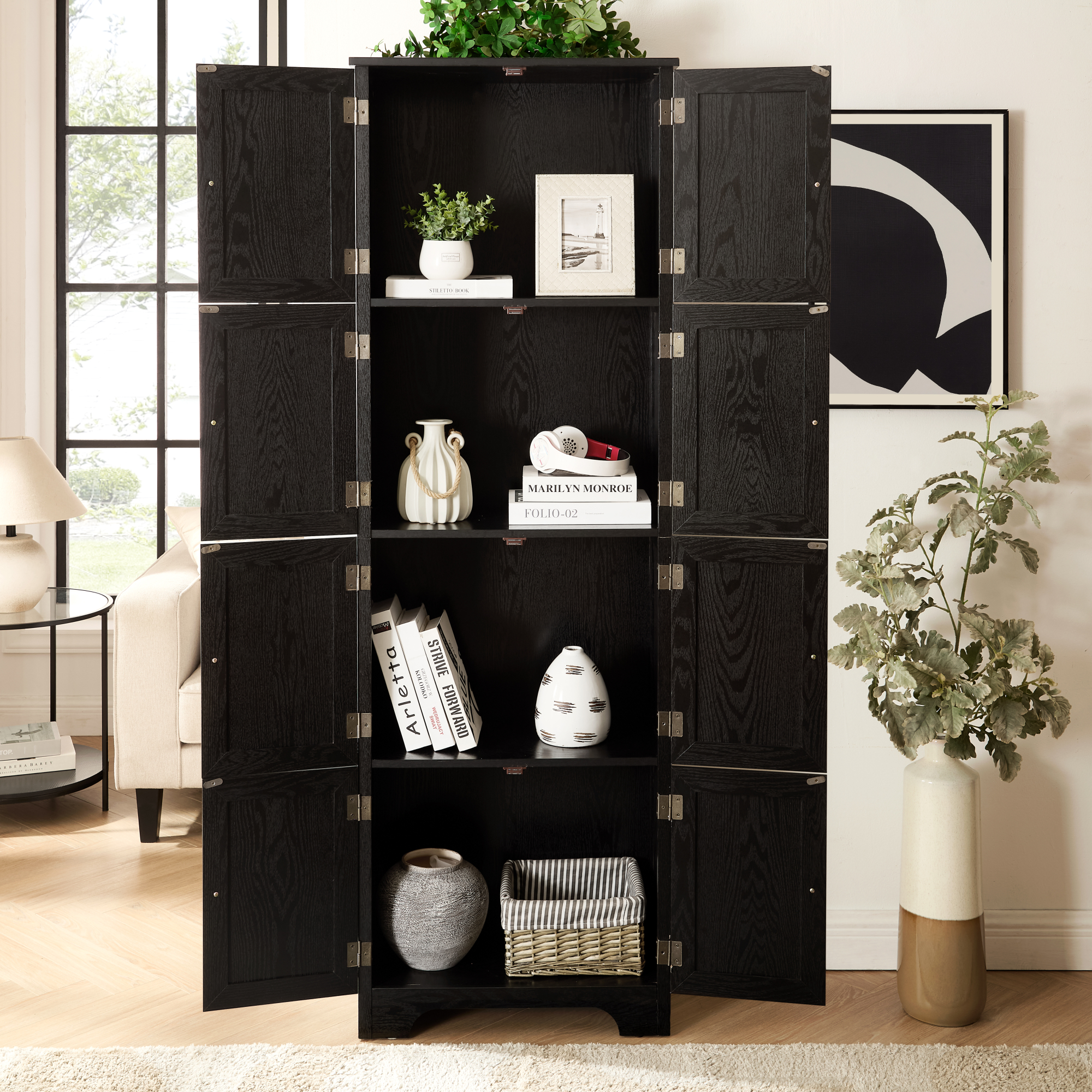 Leumius 72.4" Tall Storage Cabinet Tall Storage Cabinet with 8 Doors and 4 Shelves ,Bookshelf for Living Room, Kitchen, Dining Room, Office Black
