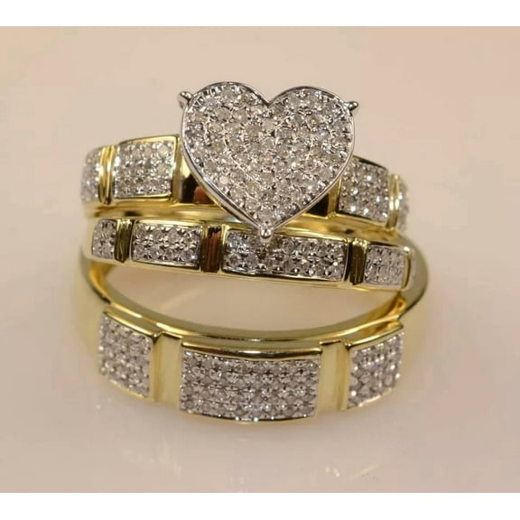 Dazzlingdaimonds Jewels 3.60 Ctw Round Cut White Diamond Wedding Anniversary His & Her Wedding Ring Trio Set Band Ring 14K Yellow Gold Plated 925 Sterling Silver 925 Sterling Silver -4.5