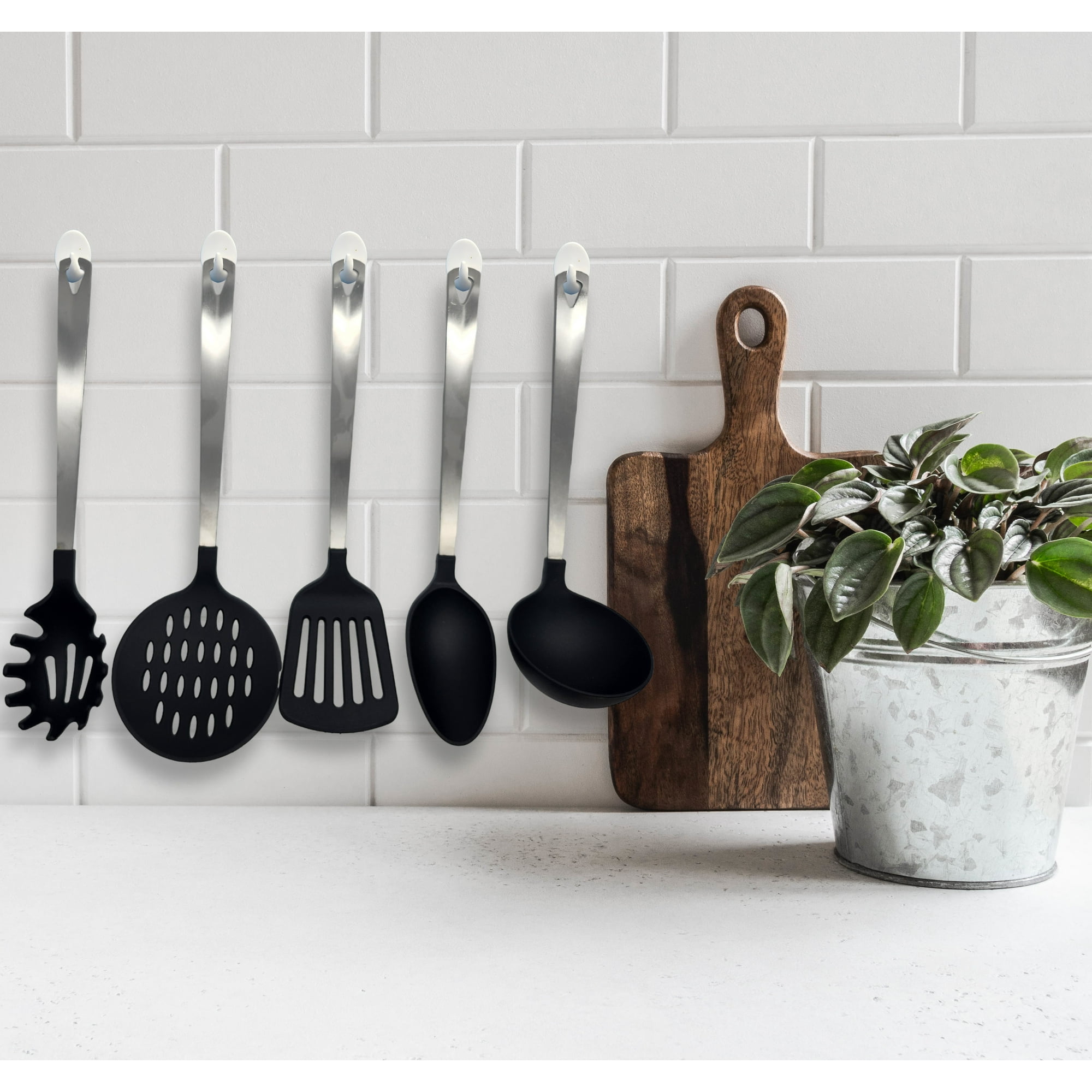Mainstays Stainless Steel and Nylon Kitchen and Cooking Utensil Set, Spoon, Spatula, Ladle, Pasta Spoon and Skimmer Assorted Colors