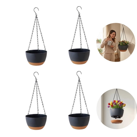 4 Pcs Hanging Flower Baskets, Plastic Hanging Plant Pots with Chain & Removable Saucer, Self Watering Hanging Planters for Indoor Outdoor Balcony Garden