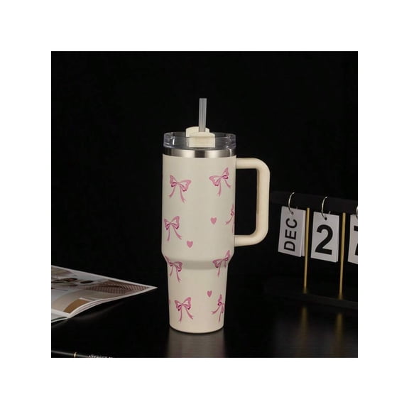40oz Cream White Insulated Tumbler With Pink Bow Print, Handle & Straw