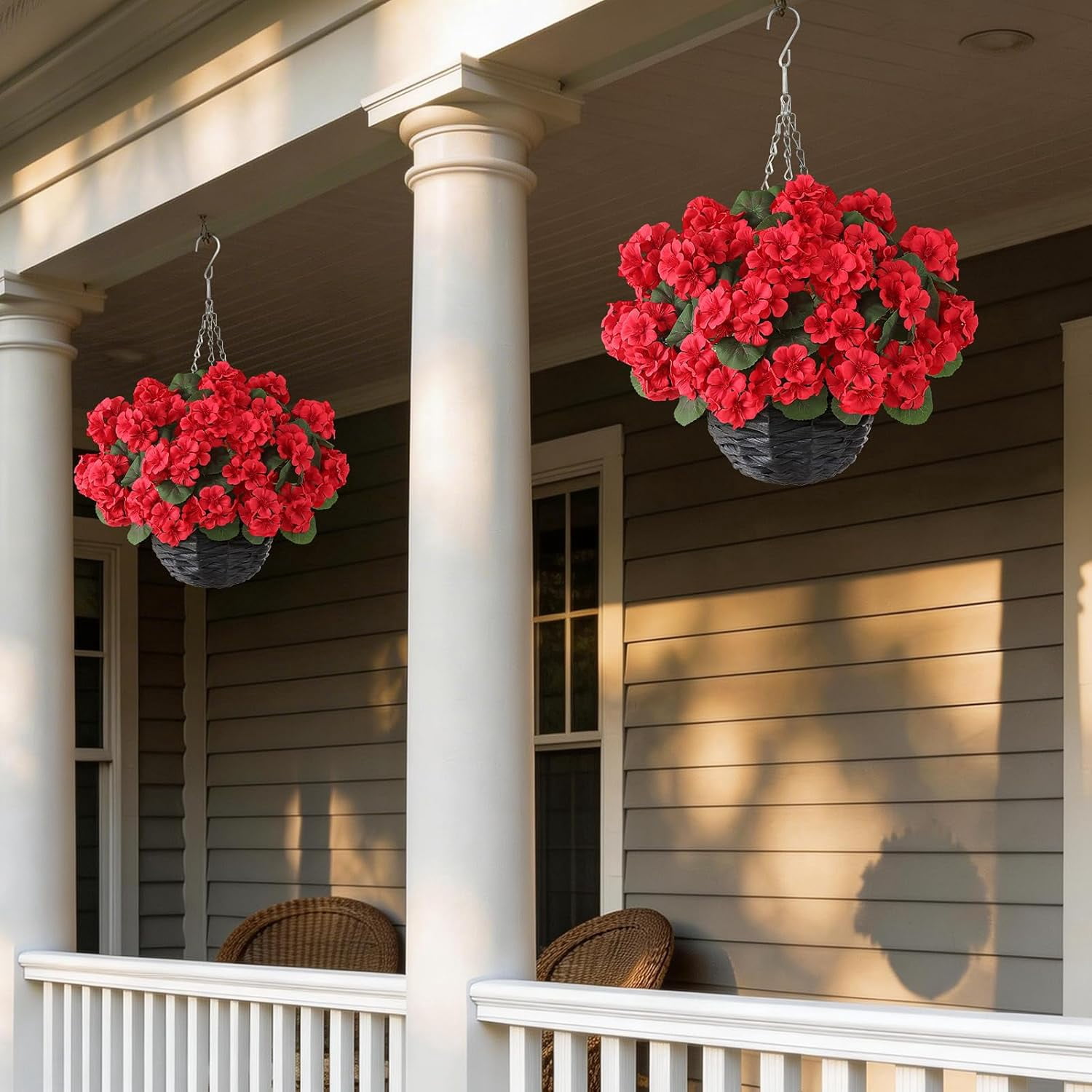 2 Set Artificial Geraniums Flowers with Hanging Baskets for Outdoors - Sun Resistant Silk with Geranium Flowers, Fake Hanging Planters for Front Porch Garden Patio Home Decor (Red)
