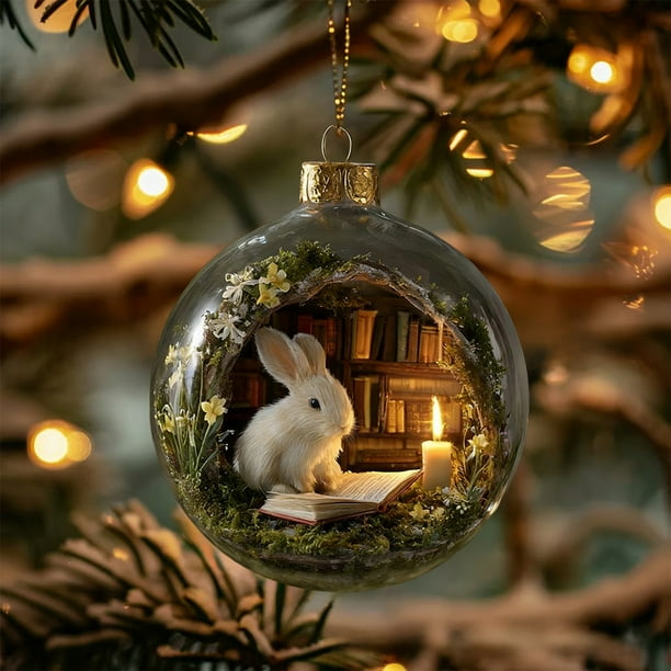 Adornos Navideños Planos De 8cm, Serie De Animales De Librería, Compañeros De Lectura, Decoraciones Con Diseño De Plástico Multicolor Para Árbol De Navidad Y Hogar, Conejo (1 Unidad) Rkxzt