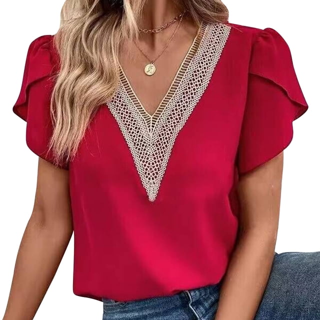 Camiseta informal holgada de verano para mujer, talla L, blusa con escote en V y mangas de pétalos de encaje rojo