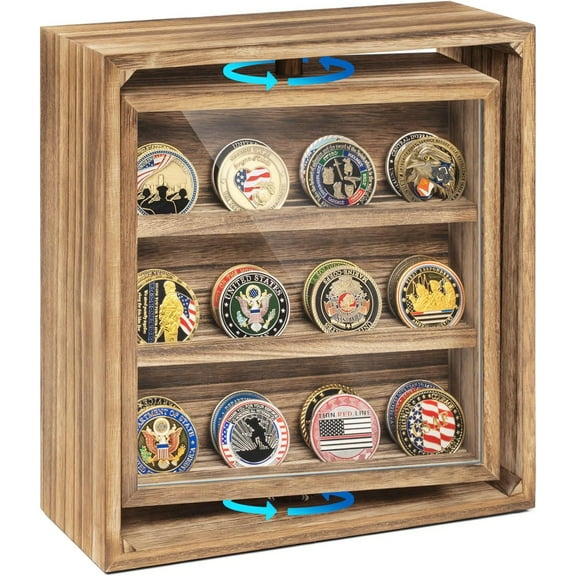 Double-Sided Rotating Challenge Coin Display, Wooden Military Coin Holder Holds 33 Coins for Desktop, 6-Row Display Stand for Honoring Veterans & Collectors (Rustic Brown)