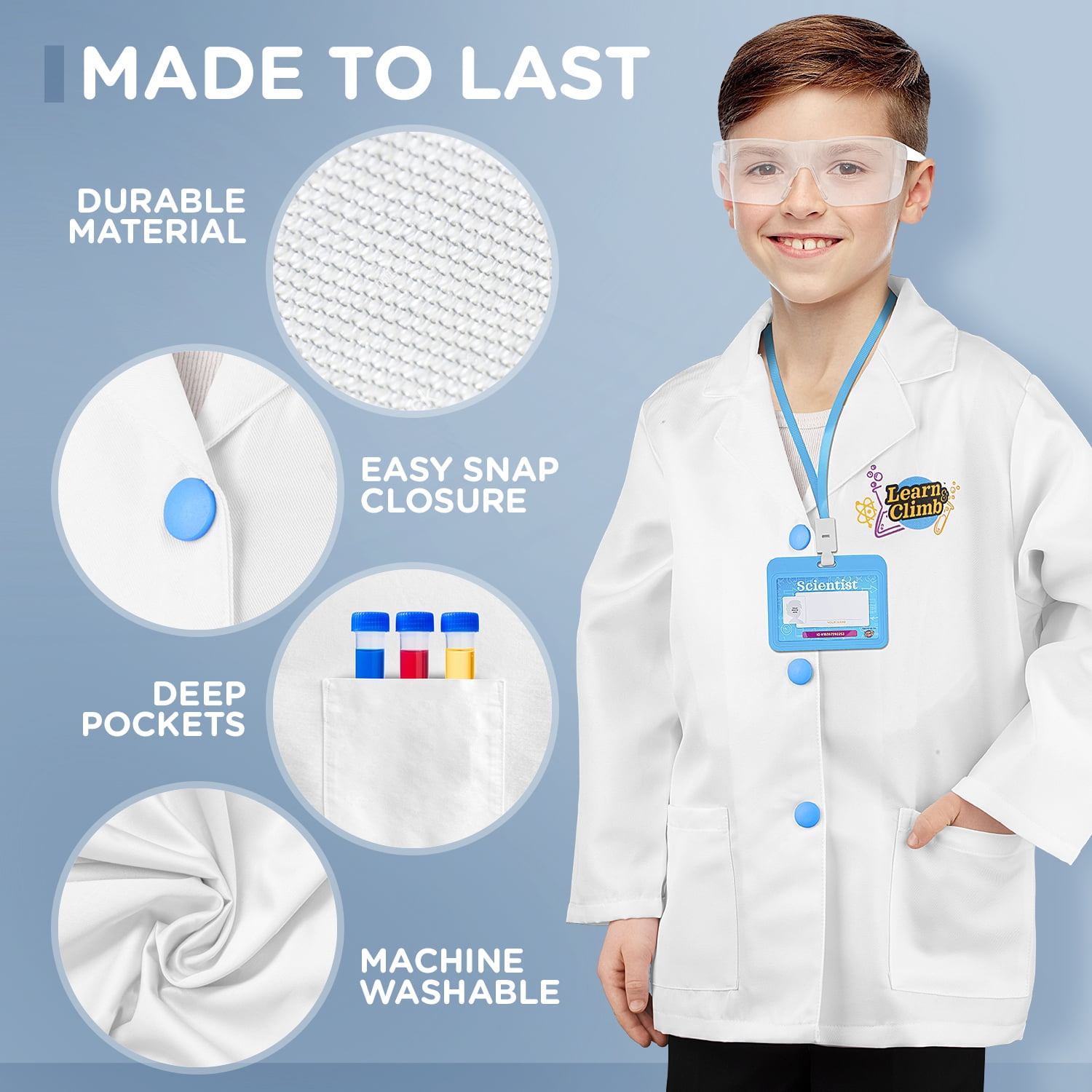 Lab Coat for Kids Children s lab Coat with Adjustable Glasses Personalized ID Card. Great Toy for Science Projects Experiments