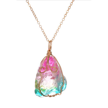 Rainbow Colored Natural Crystal Chakra Rock Stone Gold Plated Chain,
