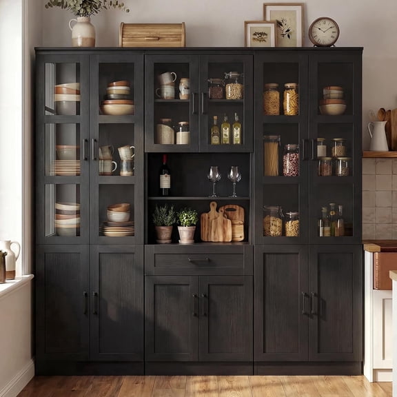 Homieasy 79.7'' Tall Pantry Cabinet 3-Piece Set - 70.8'' Width Kitchen Hutch Cabinet with Drawer and Adjustable Shelves, Suitable for Dining/Kitchen/Living Room, Black