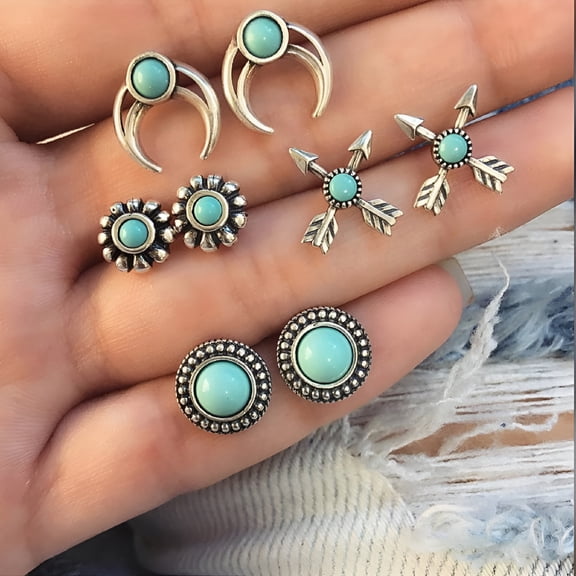 DESIGNICE 4 Pairs Women Flower Arrow Ear Studs Set Faux Turquoise Jewelry Earrings