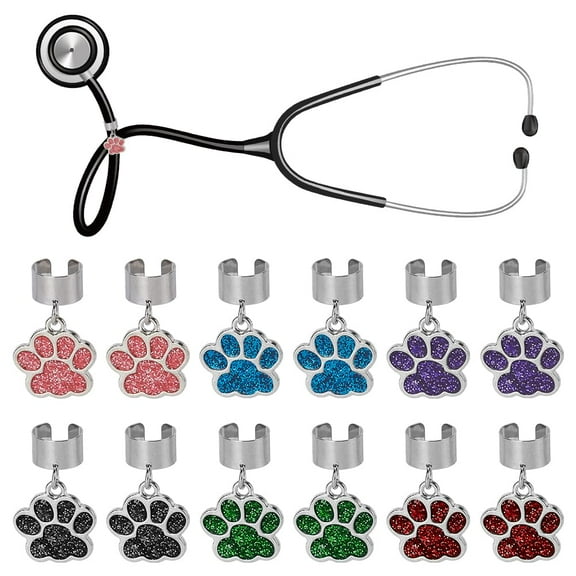 12Pcs 6 Colors Dog Paw Stethoscope Charms 1.1 inch Paw Stethoscope Tag Stethoscopes Adjustable ID Name Tag Charms Stethoscopes Charm Accessories for Doctor Nurse Medical Assistant diy