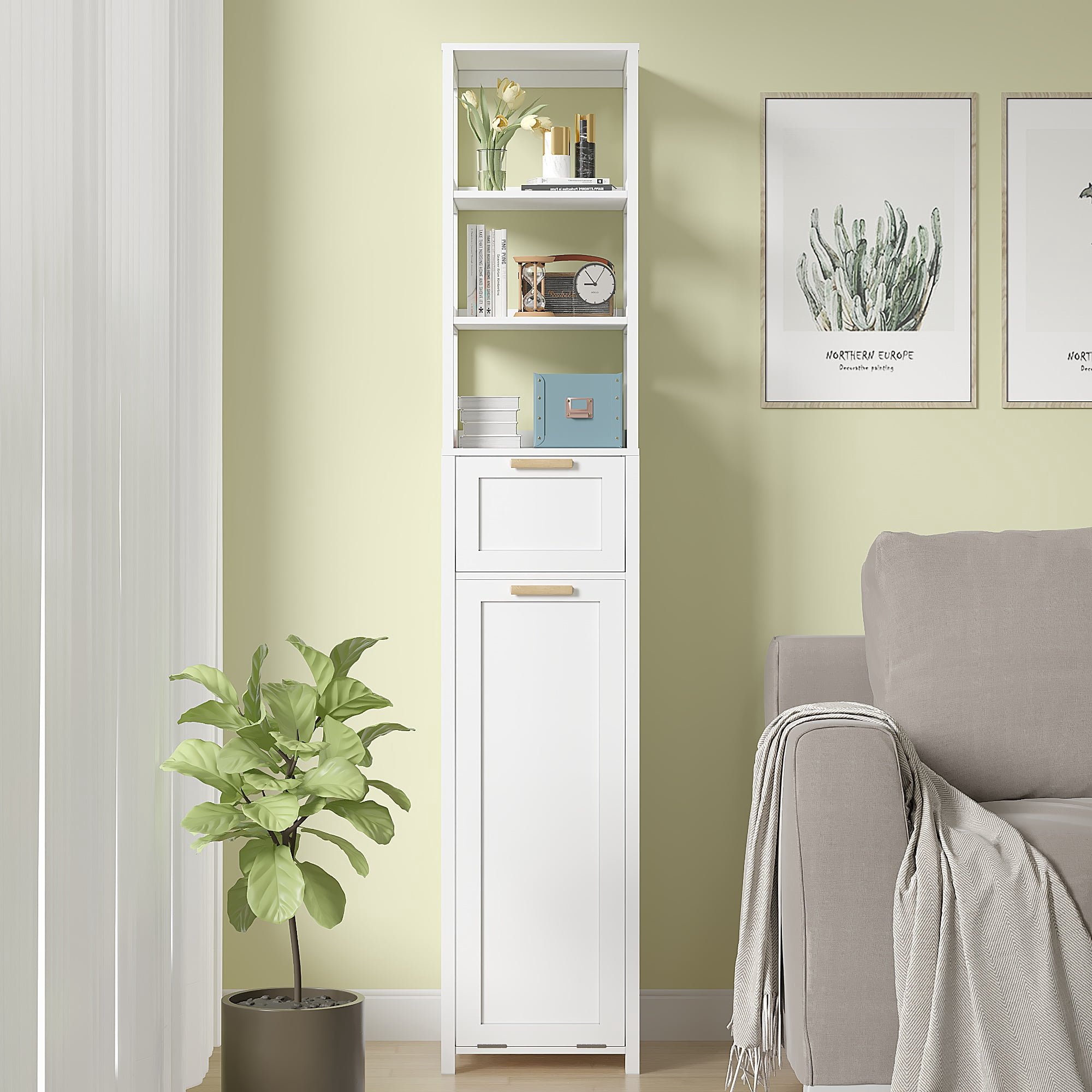 VECELO 66.9 Inch Tall Tilt Out Laundry Hamper Cabinet with Adjustable Shelves for Bathroom, Storage Organizer with Removable Laundry Basket for Laundry Room