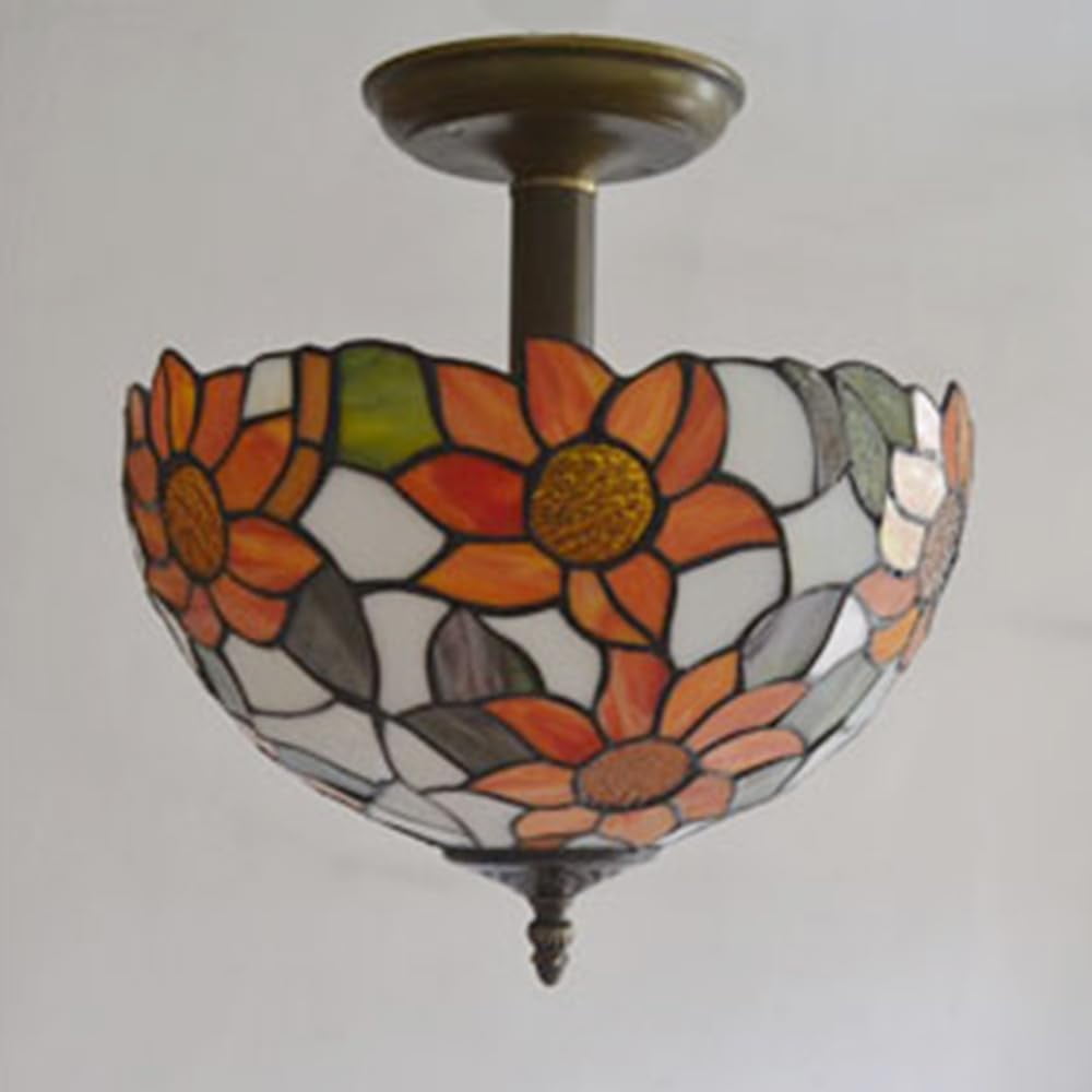 Kiven 11.8in Flush Mount Ceiling Light Fixture Dimmable, 2-Light Anti Glare Close to Ceiling Light with 15FT Plug-in Cord, Tiffany-Style Glass Chandelier for Bedroom Kitchen Hallway(No.3192)