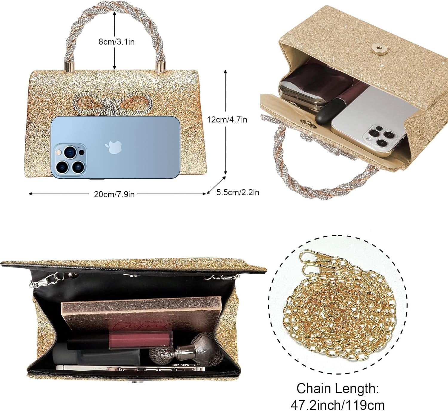 Women Evening Bag Sparkly Bow Clutch Purses Wedding Glitter Rhinestone Clutch Bags Dressy Handbags for Party, Prom