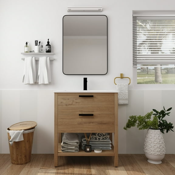 Noble House 30" Bathroom Vanity with White Sink, Plywood Freestanding Cabinet, 2 Soft-Close Drawers, Imitative Oak