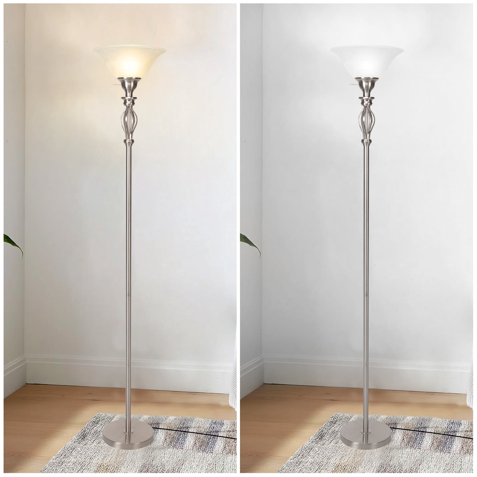 HonoDing 72"Torchiere Floor Lamps for Living Room, with White Alabaster Glass Shade,Brush Nickel