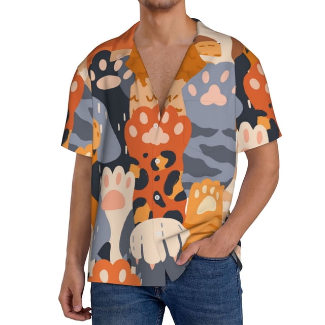 Fotbe Cute Cat Paw Camisa Estampada de Manga Corta para Hombre, Casual de Verano, Estilo Playero, Sin Arrugas-3X-Large