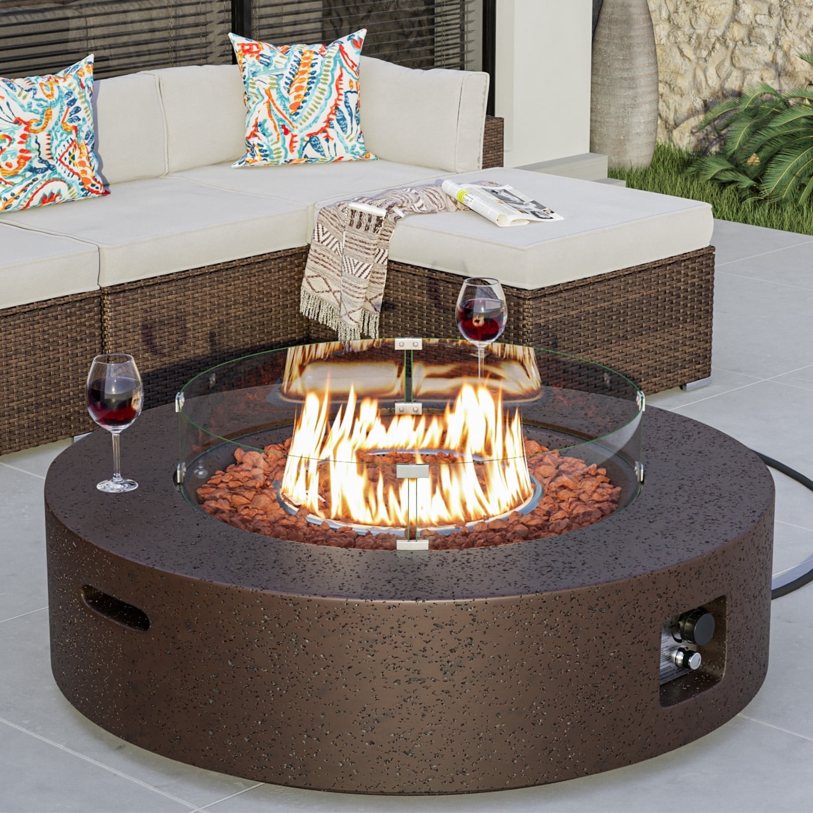 VENTOPYR 40.5-inch Outdoor Propane Fire Pit Coffee Table w Concrete Round Base Patio Heater, 50,000 BTU Stainless Steel Burner, Free Lava Rocks, Wind Guard, Rain Cover