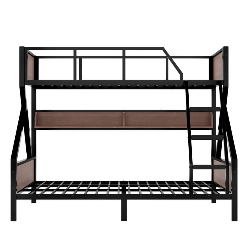Twin XL over Queen Size Metal Bunk Bed, Kids Teens Chic Bed Frame with Bedside Storage Shelves and LED Light Strip