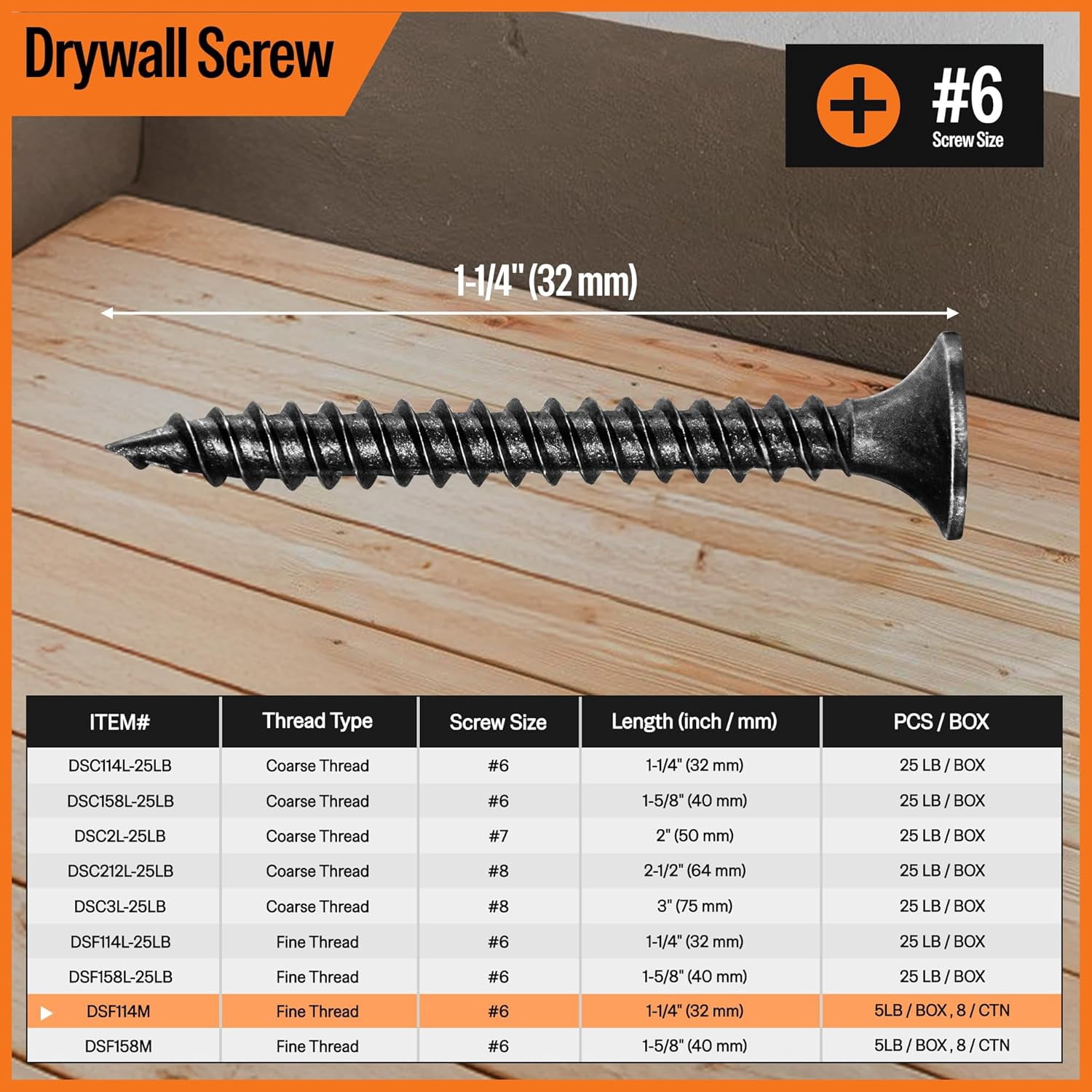 meite Drywall Screws, #6 x 1-1/4" Fine Thread Wood Screws for Drywall, 1350PCS Black Sheetrock Screws, Phosphate Finish Phillips Drive Self Tapping Dry Wall Screws (5 LBS)