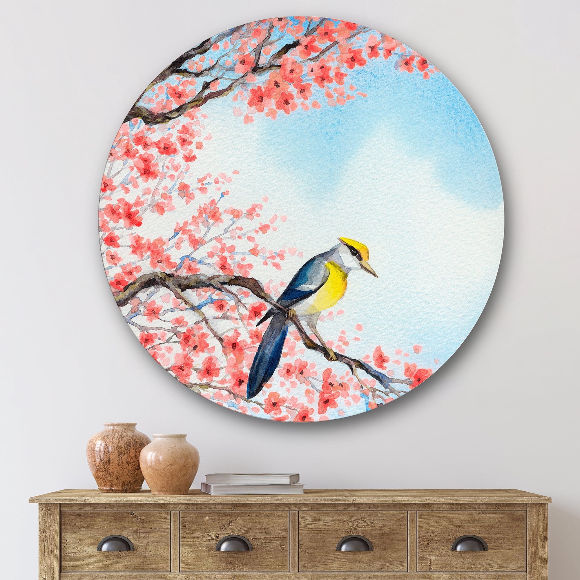 Designart 'Beautiful Red Bird Sitting On Flowering Branch I' Traditional Circle Metal Wall Art 29x29 - Disc of 29