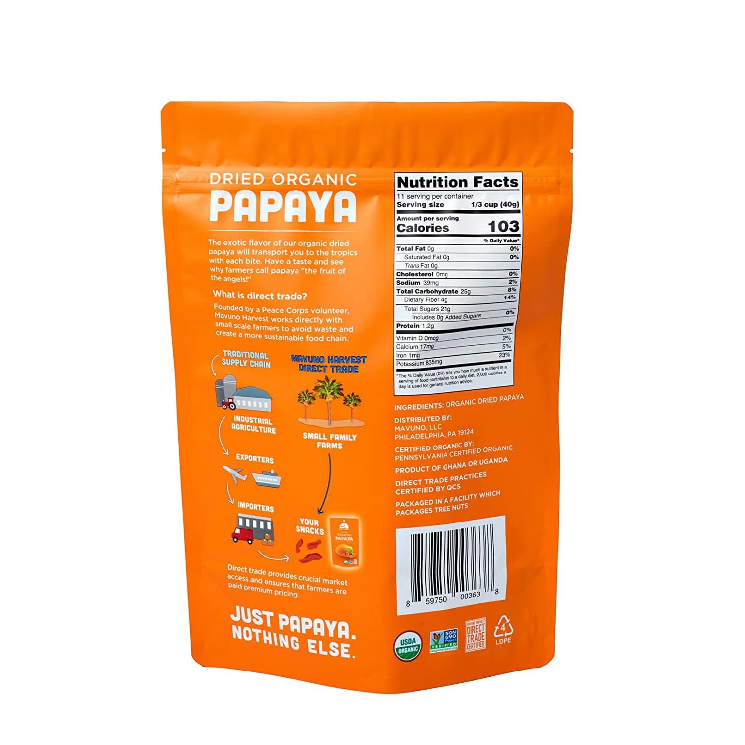 Mavuno Harvest Direct Trade Organic Dried Fruit, Papaya, 1 Pound