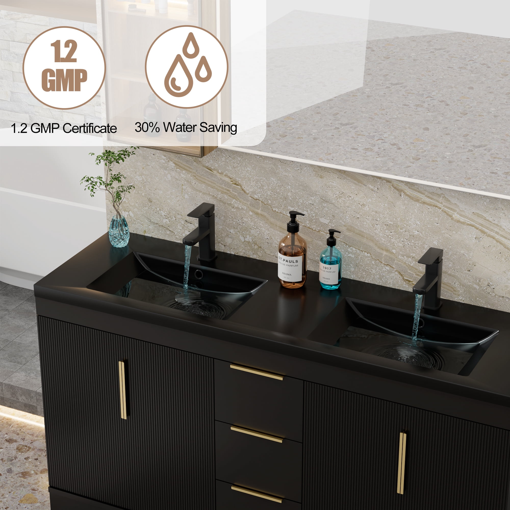 Eclife 60 Black Resin Integrated Double Bathroom Sink, Water Saving, Stain Resistant