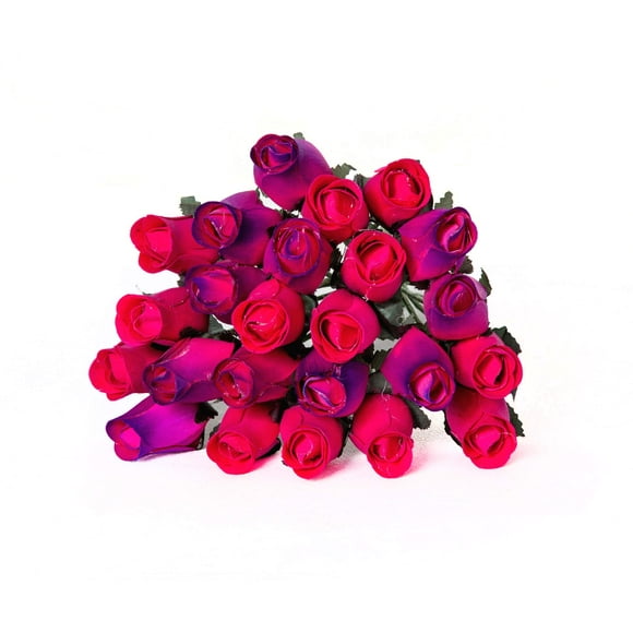 24 Realistic Wooden Roses, Dark Pink and Purple