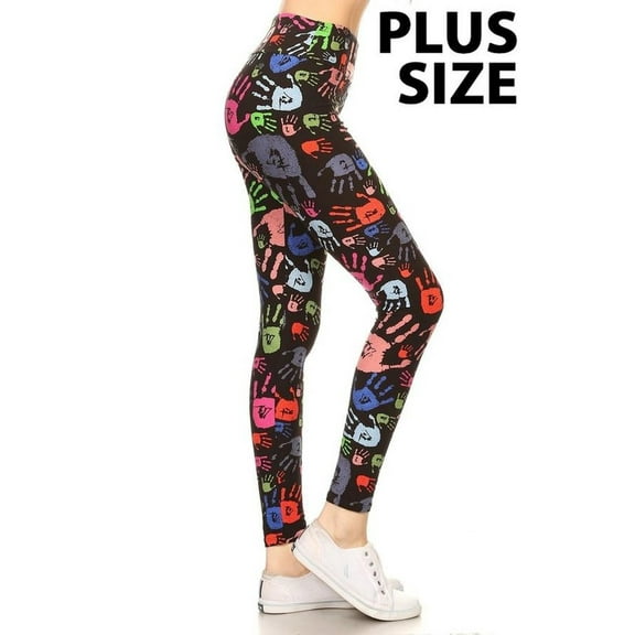 Buttery Soft Colorful Hand Print High Waist Plus Size Leggings (One Size Plus,Black)