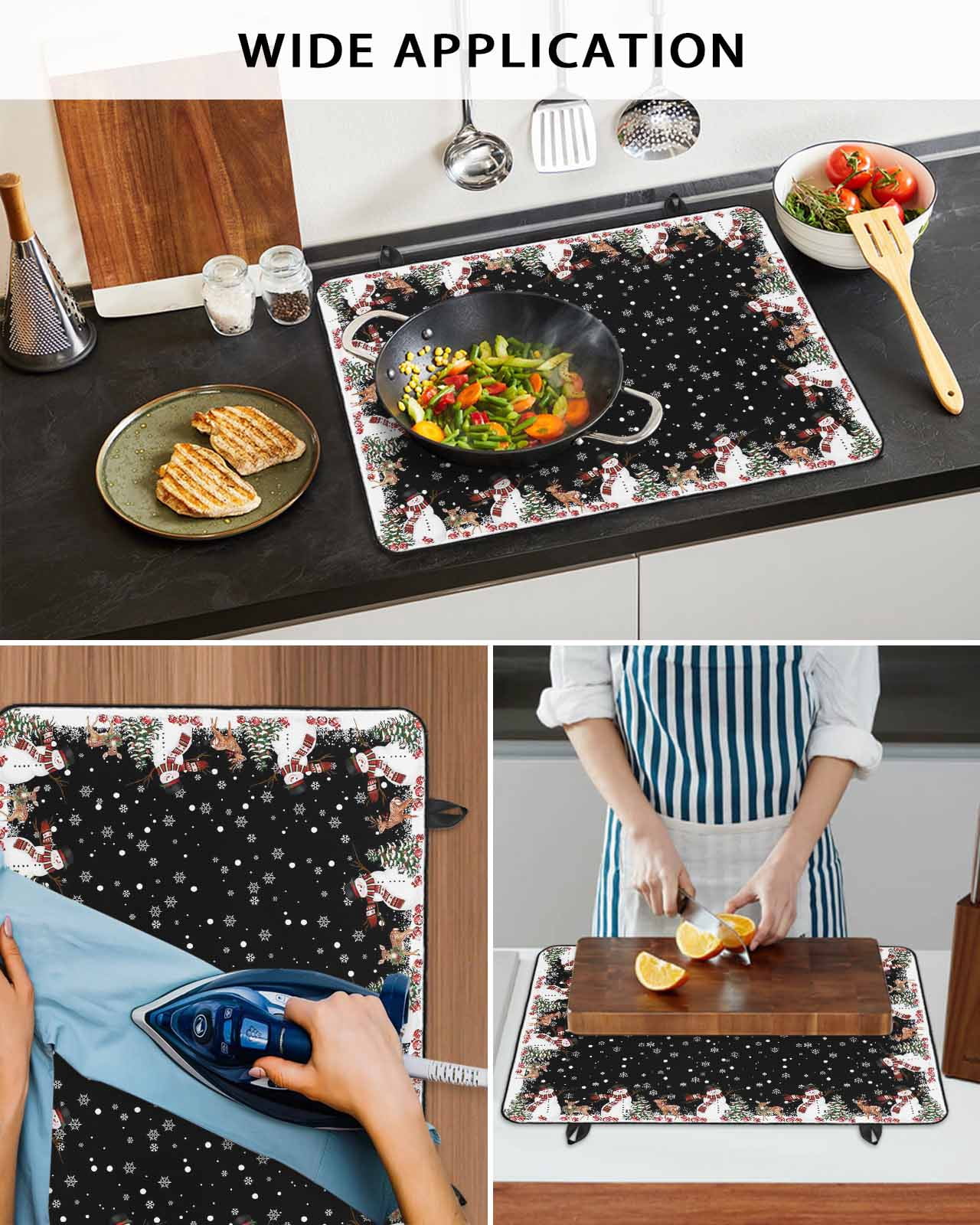 Large Induction Cooktop Protector Mat Black Christmas Stove Top Covers for Electric Stove, Cute Snowman Elk Xmas Tree Winter Snowflakes Decorative Stove Burner Cover Mats, Glass Top Stove Cover